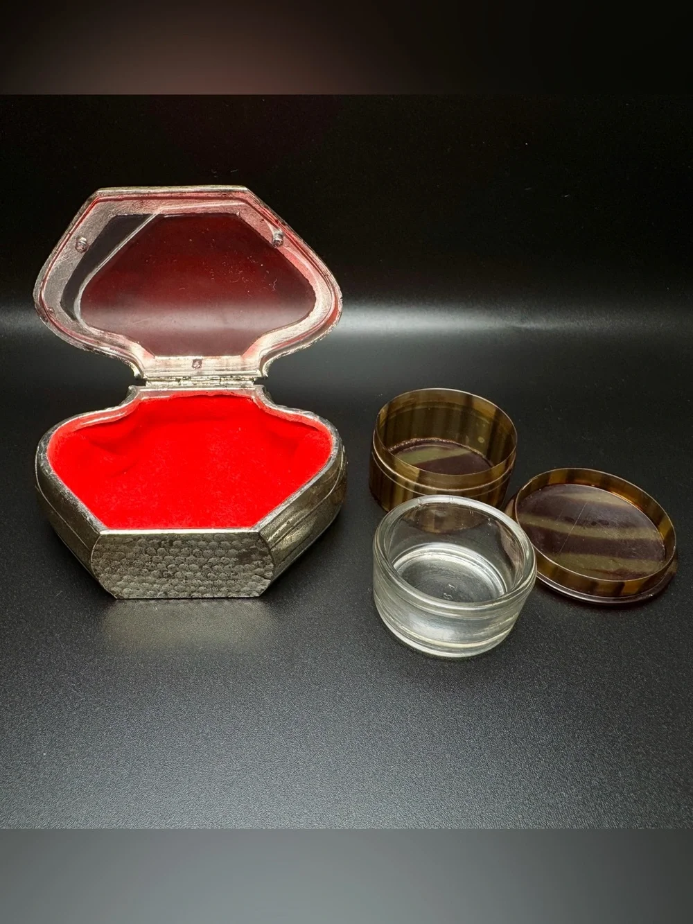 Vintage Japan Silver Trinket Box Red Velvet + Faux Tortoise Powder Jar